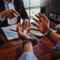 Law enforcement officer interrogating Criminals male with handcuffs in the investigation room Police officer interviewing after committed a crime Law enforcement officer interrogating Criminals male with handcuffs in the investigation room Police officer interviewing after committed a crime