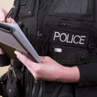 Police officer wearing tactical vest writing notes on a pad Police officer wearing tactical vest writing notes on a pad