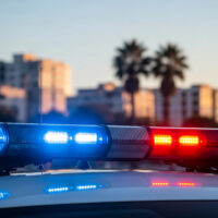 First Responder Police Car Cruiser with Flashing Blue and Red Tactical Lights at DUI Checkpoint Roadblock