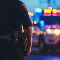 A police officer stands at night facing a patrol car with flashing red and blue lights, creating a tense and urgent atmosphere on a dimly lit street.