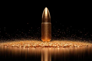 Golden bullet, dark studio, gold dust, impact, firearm concept
