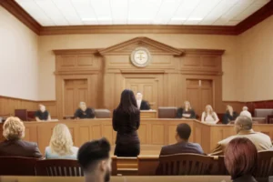 a-courtroom-scene-with-a-woman-standing-in-the-center-facing-a-judge