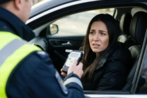 Driver showing stress and anxiety while taking a breathalyzer test during a police interaction. Driver showing stress and anxiety while taking a breathalyzer test during a police interaction.